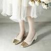 LeShion  Real Women Pumps Silvery Mix-color Chunky High Heel Slipon Shallow Shoes Woman Square Toe Golden Pump
