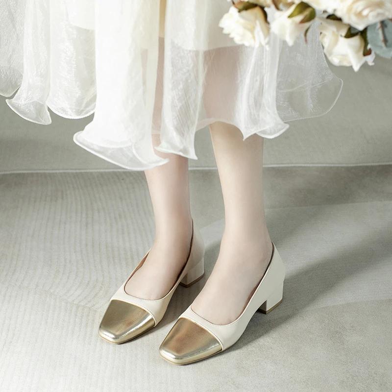 LeShion  Real Women Pumps Silvery Mix-color Chunky High Heel Slipon Shallow Shoes Woman Square Toe Golden Pump