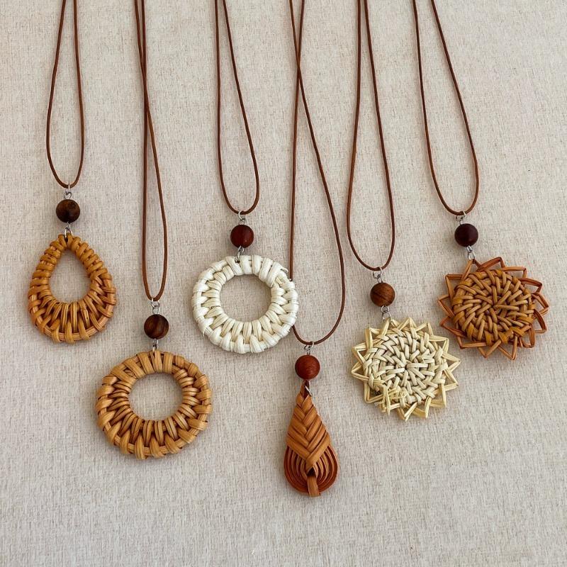 Bohemian Multi Layer Rattan Knit Hollow Water Drop Wood Bead Flower Pendant Necklace For Women Adjustable Rope Chain