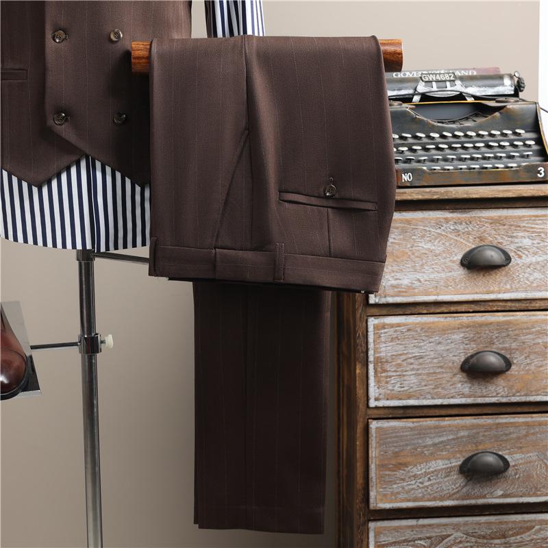 Men's High-End Pinstripe Wool Double-Breasted Three-Piece Suit: Anti-Wrinkle, Formal Groomwear