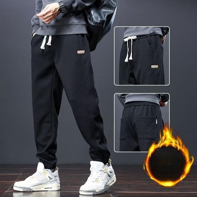 Men's Autumn Winter Japanese Style Cuffed Loose Sports Drawstring Sweatpants Fleece Lined Thickened Warm Casual Long Pants