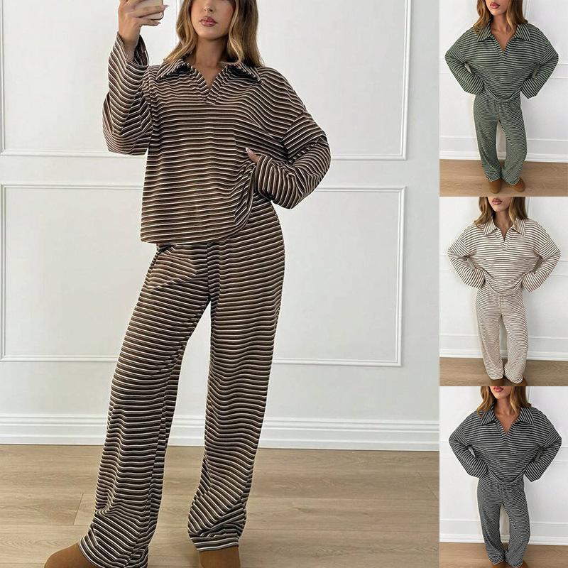 Women Striped Two Piece Loungewear Set Casual Long Sleeve Polo Collar Top and Wide Leg Pants