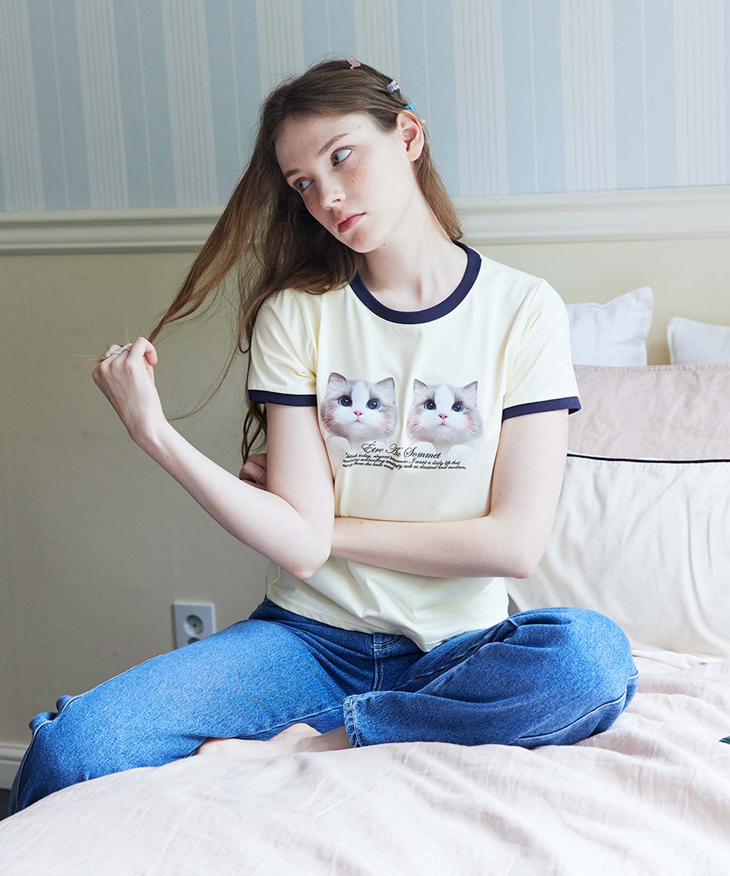 Etosome Twin Cat Face Half-Tee (Yellow) 1