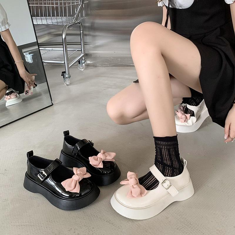 Small Leather Shoes Women's 2025 Spring and Summer New Round Head Retro Bow One-word Buckle Mary Jane Shoes College Style Shoes