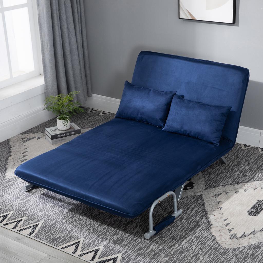 Sofa Bed, 5-Way Adjustable, Faux Suede, Metal Frame, Incl. Pillows, Navy Blue