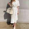 Loose Lace Up Short Sleeved Linen Shirt Dress