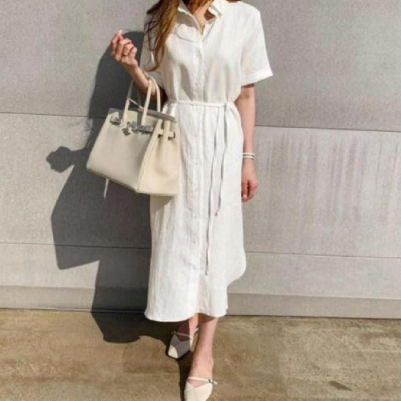 Loose Lace Up Short Sleeved Linen Shirt Dress