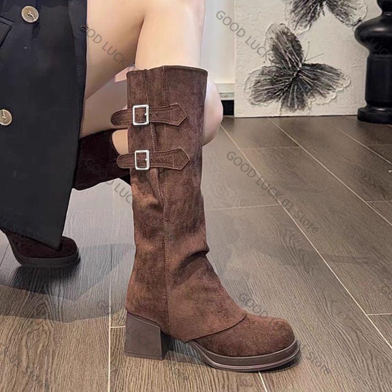 

Мода 2025 Винтажные Женские Брюки-клеш Ботильоны Съемная Пряжка Ремня Осенне-зимняя Обувь Толстый Каблук Дамские Элегантные Длинные Ботильоны 41 коричневый