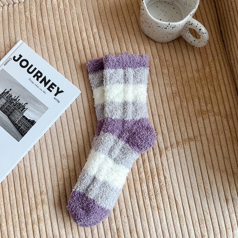 Autumn and winter color matching coral fleece women's socks thickened warm sleeping socks half fleece home floor socks