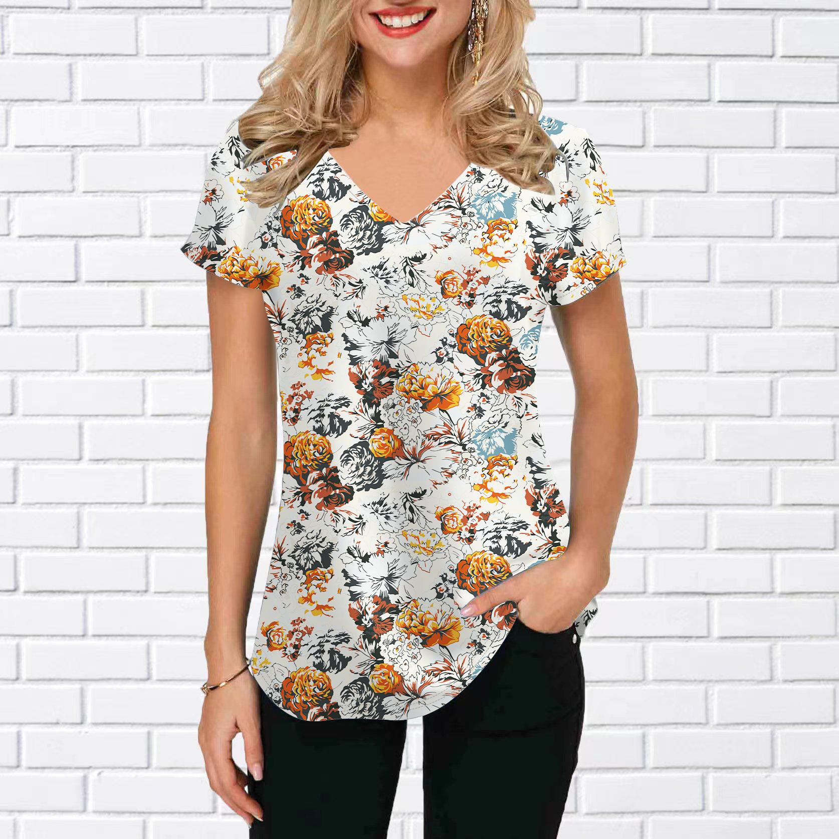 

Женские топы с v-образным вырезом и короткими рукавами подсолнечника, сушеные цветы, свободная футболка, повседневная блузка 8XL оранжевый