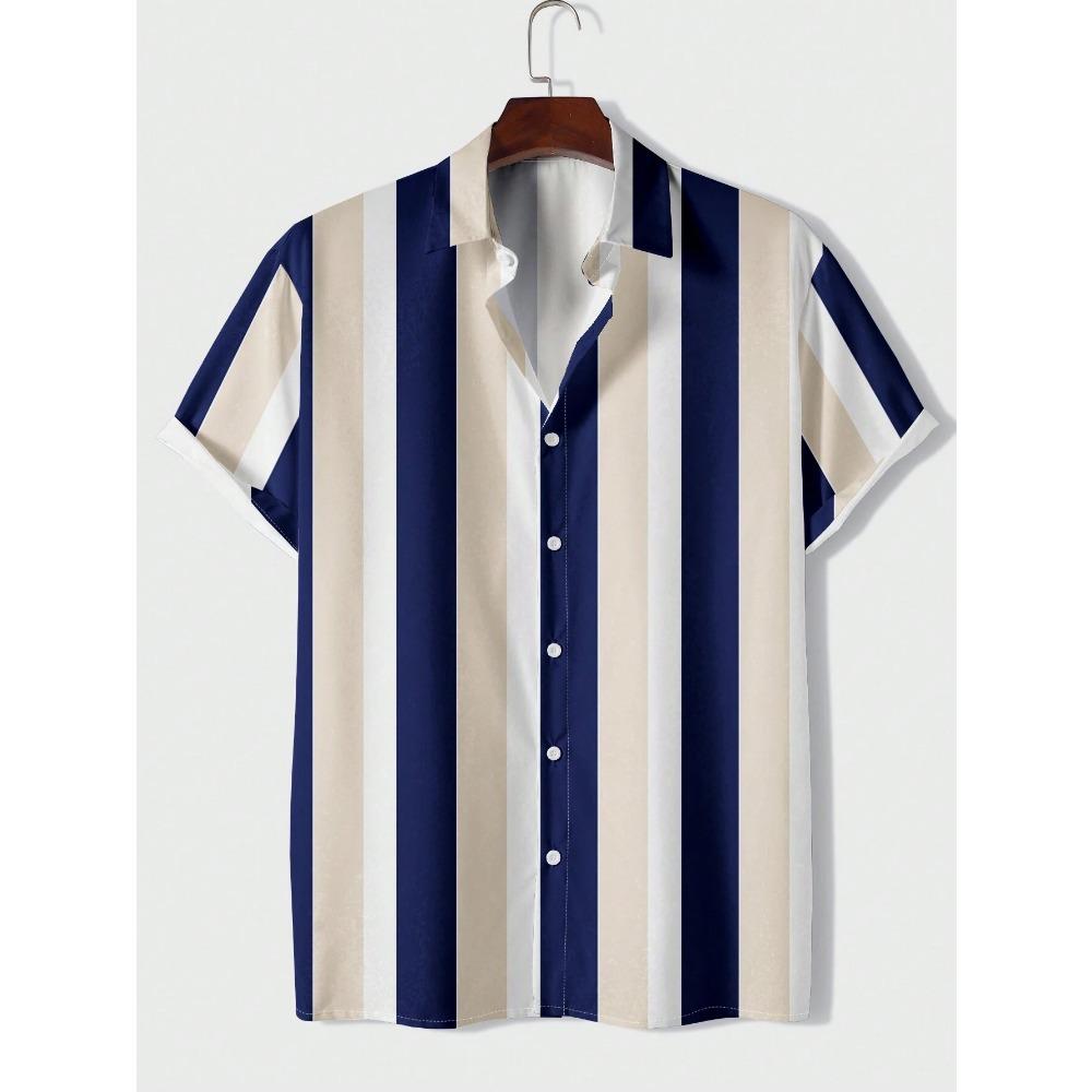 New European and American Printed Men's Shirt Casual Striped Versatile Top Short Sleeved