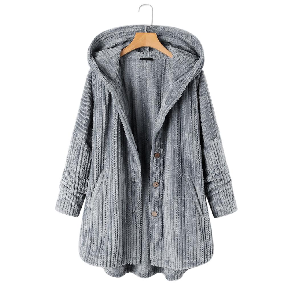 Women's Loose Button Plush Hooded Color Long-sleeved Mid-length Coat