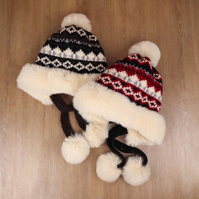 Retro Autumn and Winter Thickened for Keep Warmth Lei Feng Hat Women Fluffy Fur Ball Ear Protection Knitted Mao Line Hat