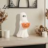 Vintage Style Ornament Halloween Ghost Figurine with Pumpkin Candy Bowl Cute Resin Statue Freestanding Desktop Light Trick or Treat Holder for Front