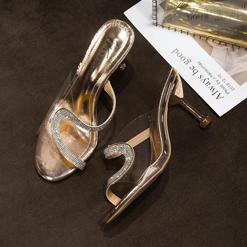 Mode Damen Strass Transparente Sandalen Sommer Neu All-Match Neu Runde Zehenpartie Offene Zehen Pantolette