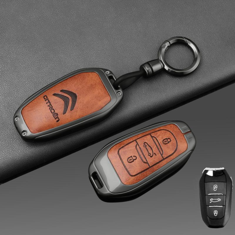 AAMD1 -Zinc Alloy Leather Car Key Case Cover Shell Fob Holder for Citroen Tianyi C5 2022 2020 2019 2017 2016 Car Key Shell Accessories