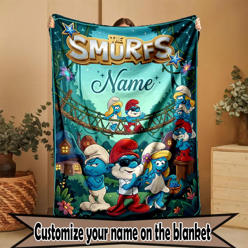 Custom Name Personalized The Smurfs Print Blanket, Home Decor, Bedroom, Sofa, Camping, Couch, Gifts for Birthday Christmas