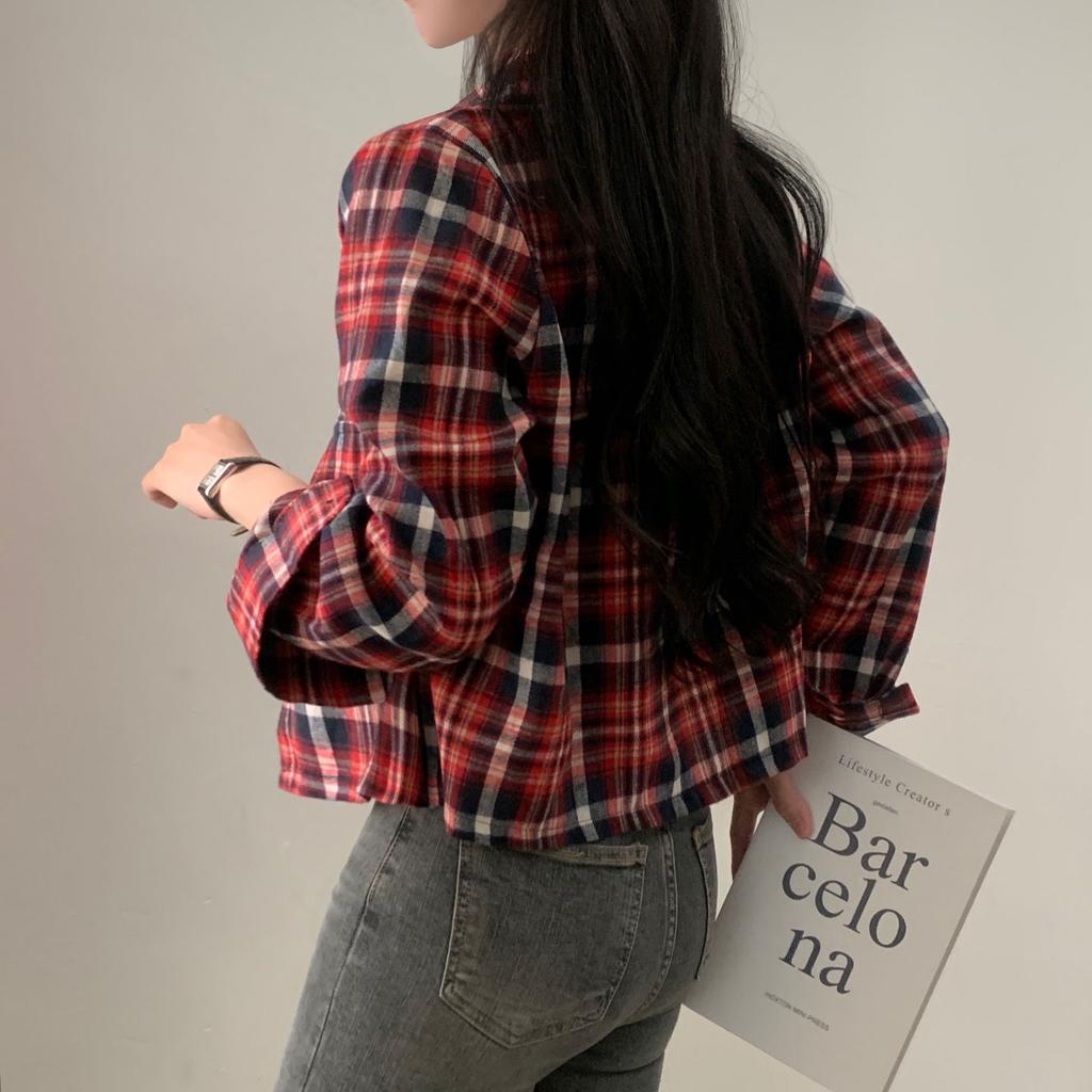 Korean Chic Autumn Short Long Sleeved Checkered Shirt for Women
