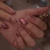 24Pcs Gold Cat Eye French Pearl Fake Nails Medium Almond Glitter Irregular Line Press On Nails