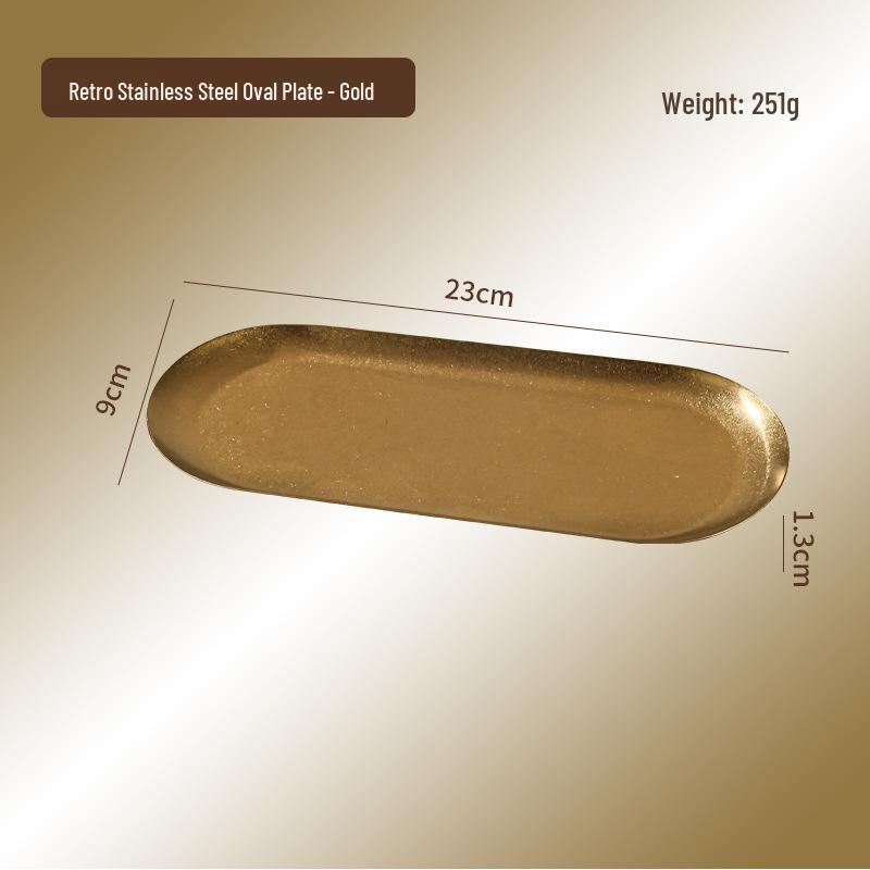 Retro Stainless Steel Oval Japanese Ornament Tray in Gold for Creative Restaurant Dessert and Pastry.