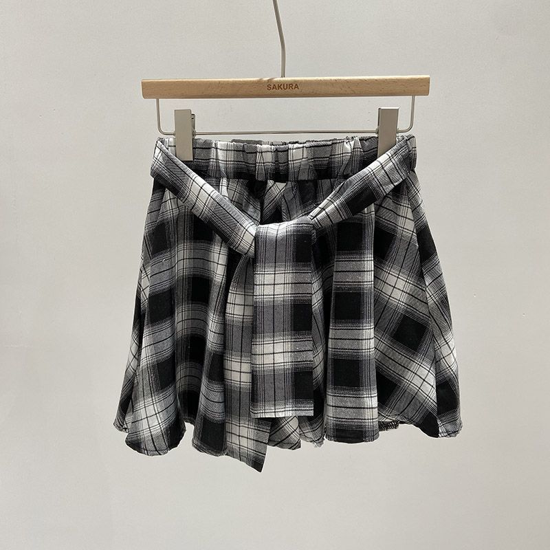 Streetwear Plaid Skirt for Women Spring Summer Vintage Hong Kong Style Irregular Skirt Pants All-match