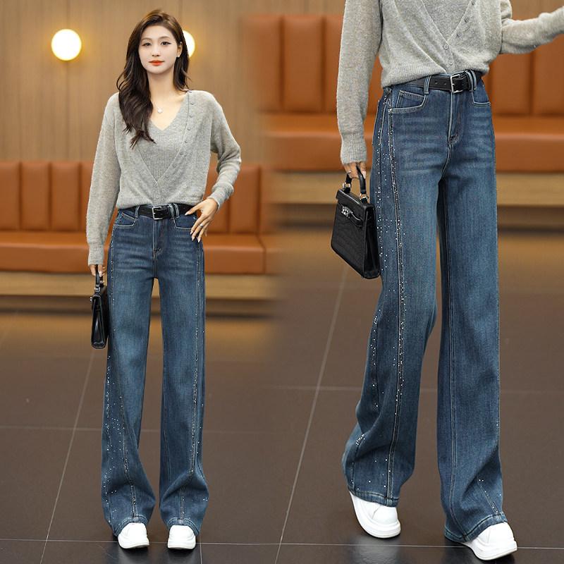Retro Blue Rhinestone High-Waist Straight Leg Jeans for Women - Stylish, Versatile, Slimming Pants for Spring, Autumn, and Winter 2026