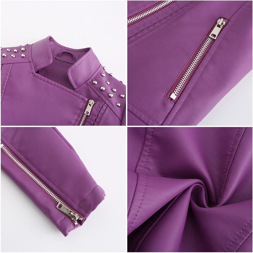 GMXIA Women's Solid Color Print Beaded Leather Motorcycle Suit Thin Spring and Autumn Long Sleeve Jackets & Coats