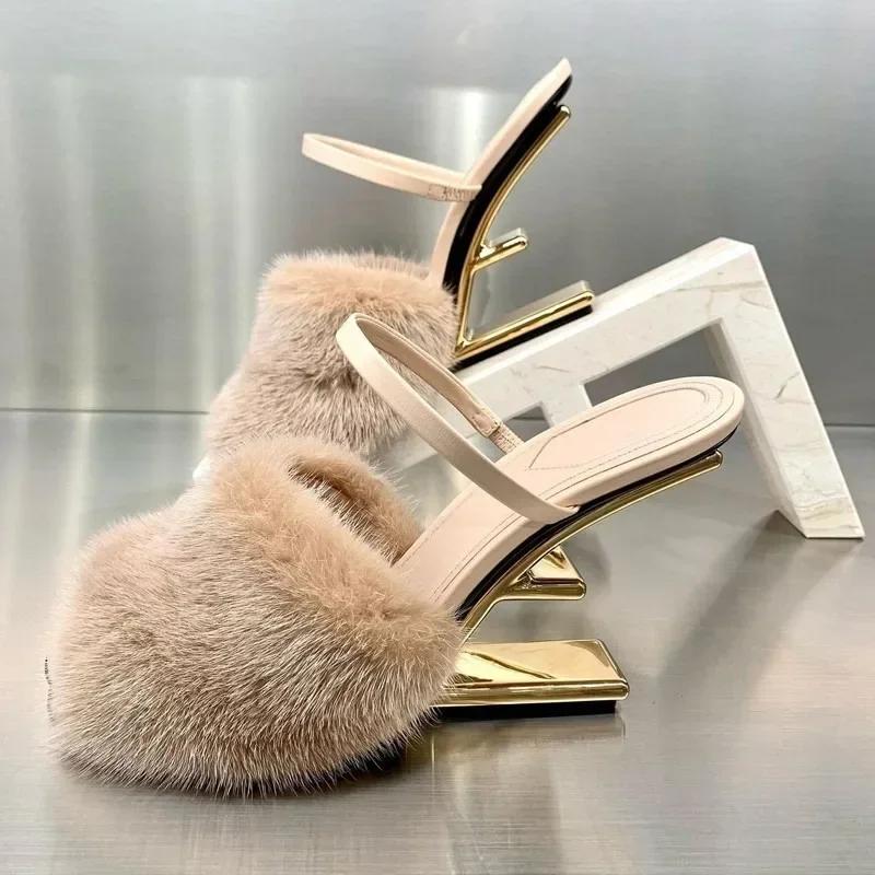 Fashion Women Fashion Fur Slippers Sexy Peep Toe Gladiator Sandals Dress Pumps Spring Summer Strange Heel Mules High Heel Wedge Shoes