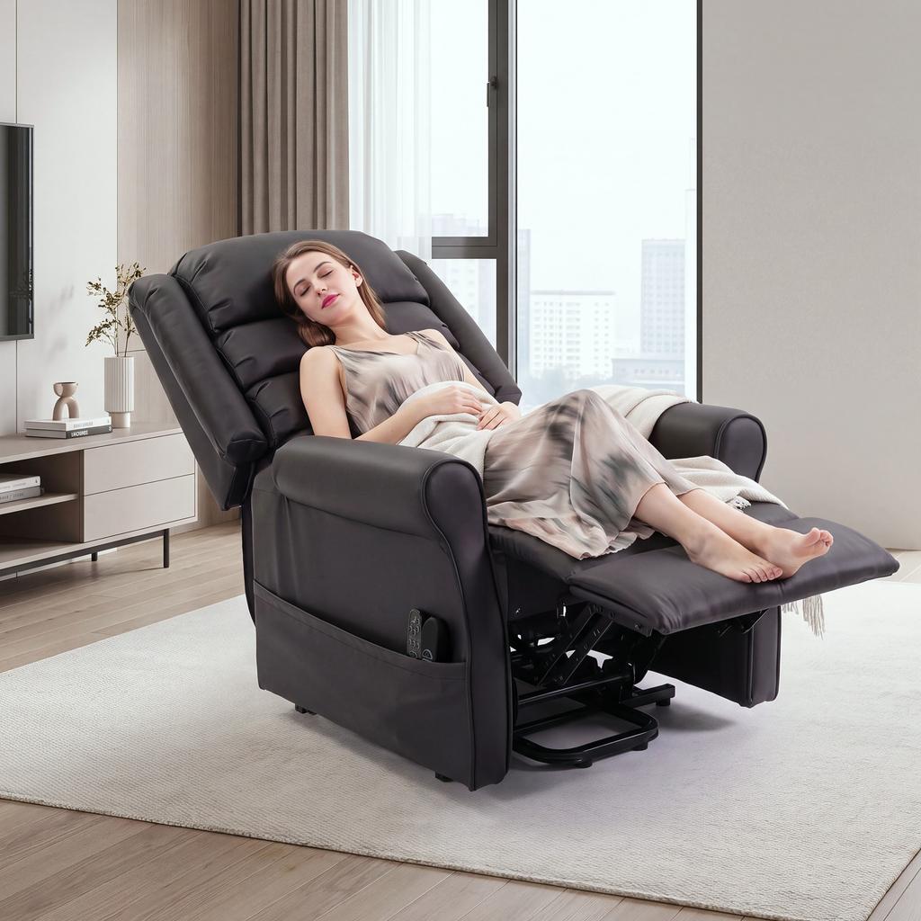 Electric Lift Chair with Vibration Massage and Heat Function, Senior Chair Made of Brown PU Leather
