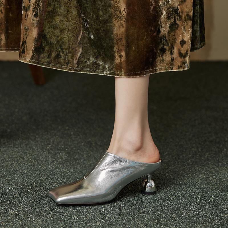 Fashion 2025 Women's New Spring/Summer Square Toe Genuine Leather Sheepskin Baotou High Heel Large Muller Half Slippers Heels Women