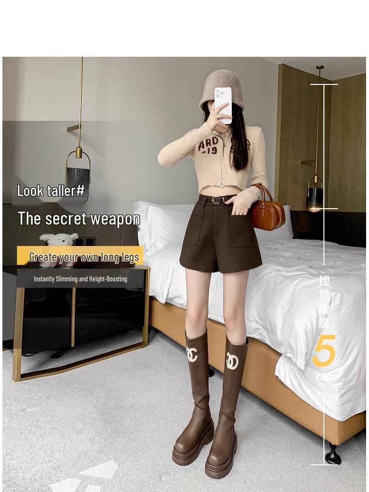 2024 Podzim/Zima Dámské vlněné šortky s vysokým pasem a širokými nohavicemi - Stylové ležérní módní šortky
