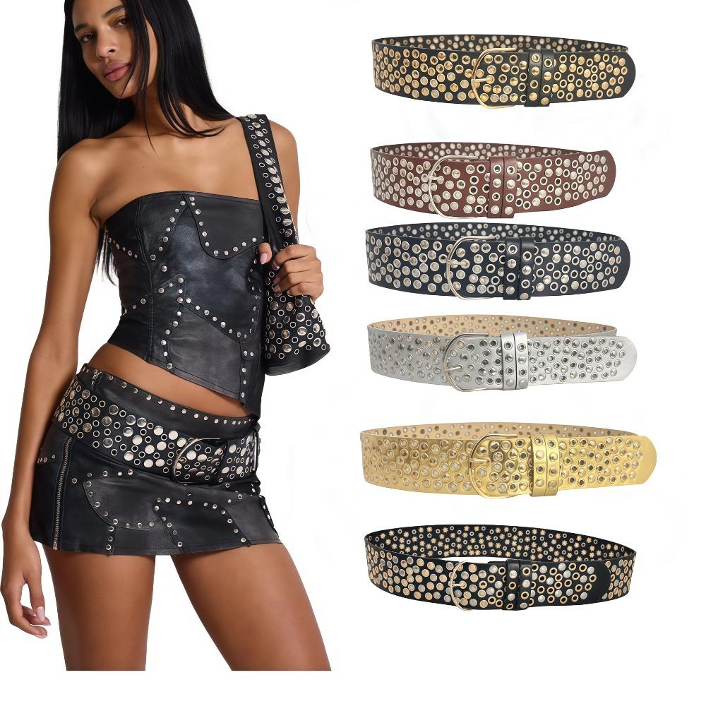 Luxury Design Eyelet Rivet Belt Punk Hollow Grommet Decorative Belt  for Women Club Outfit