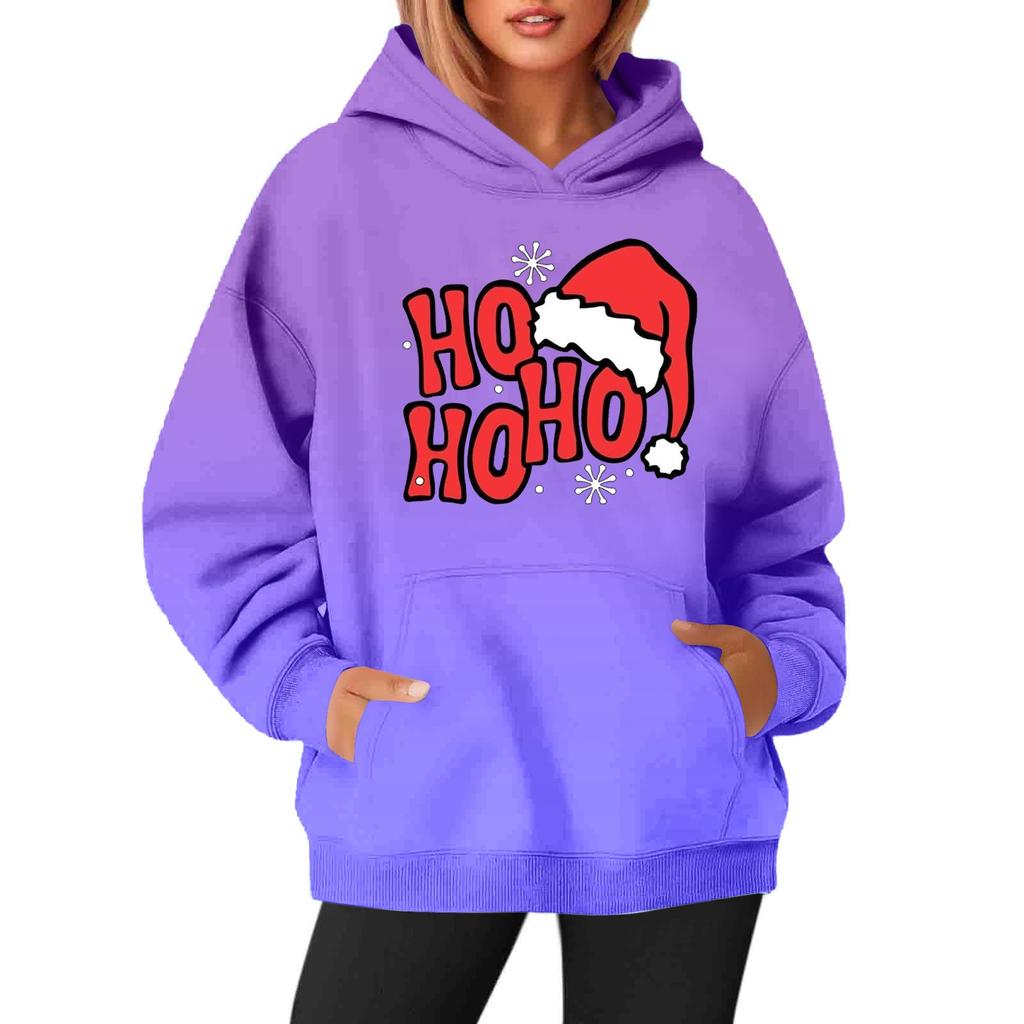Women's Sweatshirts Round Neck Long Sleeve Christmas Printed Top Solid Color Hoodie