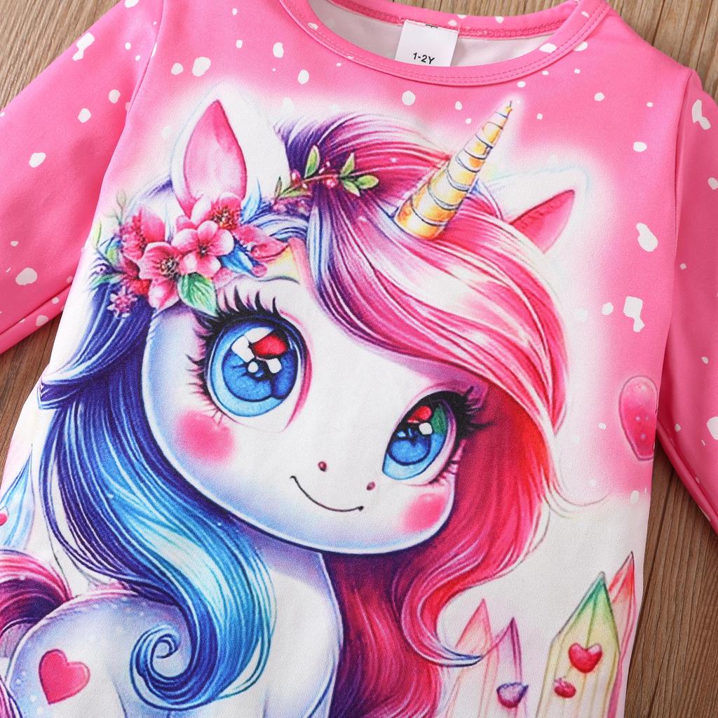 Kids Girls Fashion Clothing Set Spring Autumn Tie Dye Printed Cartoon Pegasus Pullover Flower Flared Pants Two Piece Outfit