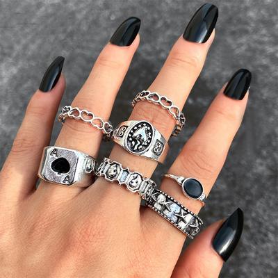 Punk Vintage Silber Farbe Poker Billard Ring Set für Frauen Gothic Herz Anillos Hip Hop Y2k Koreanische Mode Männlichen Geschenk schmuck