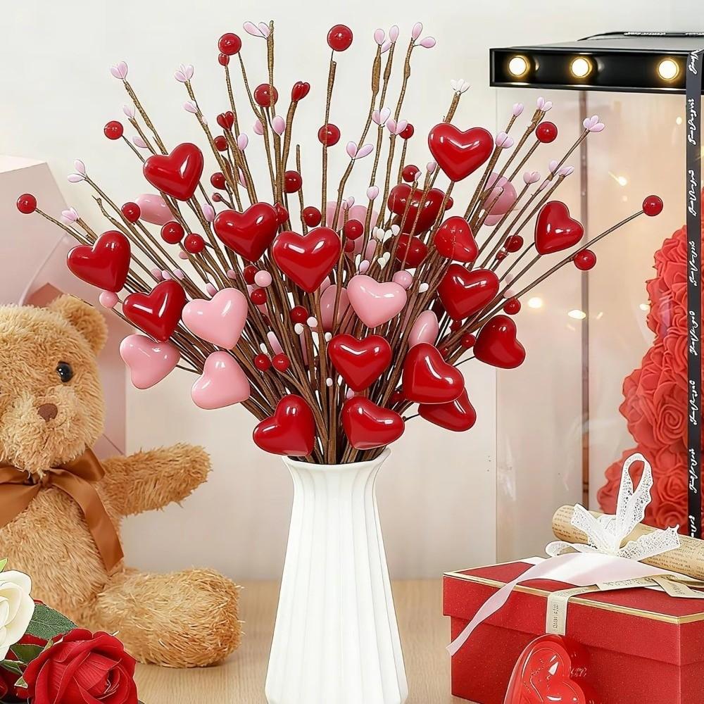 Heart-Shaped Artificial Heart Flowers DIY Vase Festive Atmosphere Love Bouquet Simulation Berry Flower Stem Valentine's Day