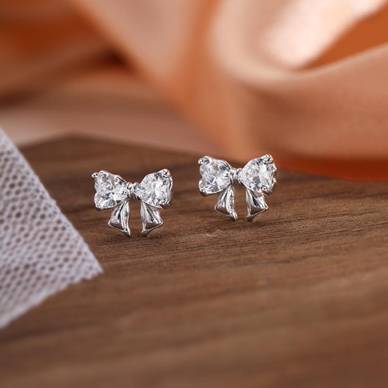 2023 Trend: Korean Style Zircon Bow Stud Earrings in 925 Sterling Silver