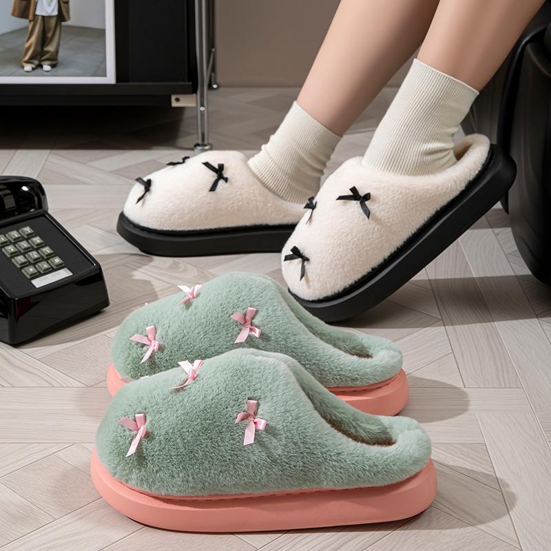 Eine Nummer größer bestellen Mode Damen Schleifchen-Slipper Winter Indoor Zuhause Warm Rutschfest EVA Dicke Sohle Paarschuhe Plüsch Weiche Sohle Hausschuhe