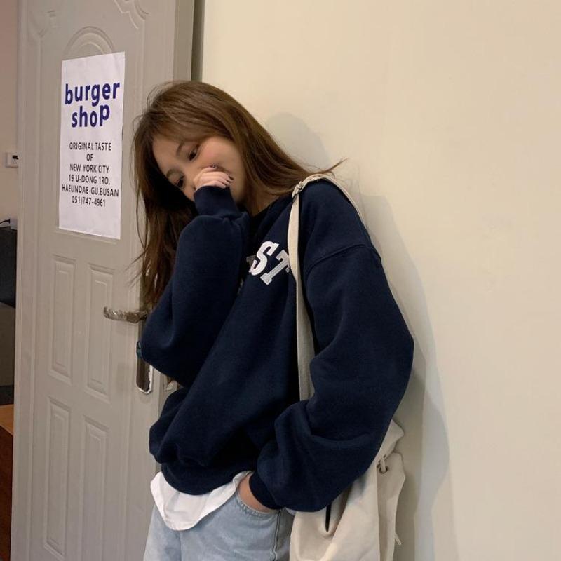 Frauen Langarm O Hals lose Pullover weibliche Tops einfarbig Sweatshirts