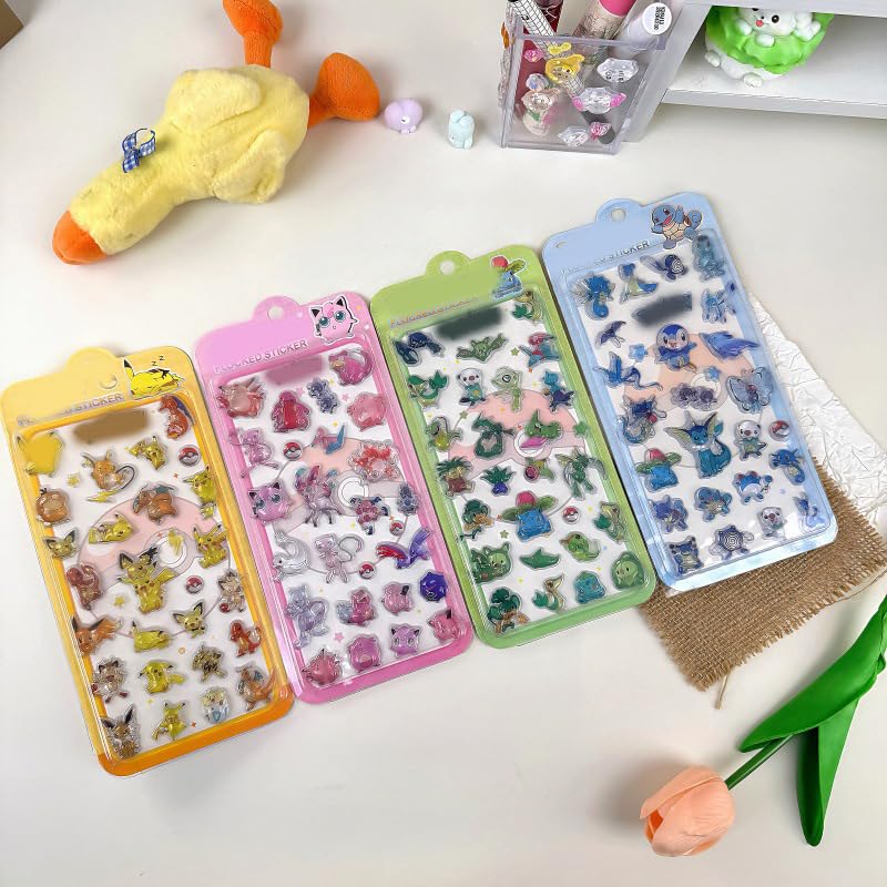 Bonhon Drop Seal Character Poke Mon 3D Three-Dimensional Glitter Sticker Goods Cute Deco Attachment DIY Use Notebook Gift (4 Piece Set-C) Parallel