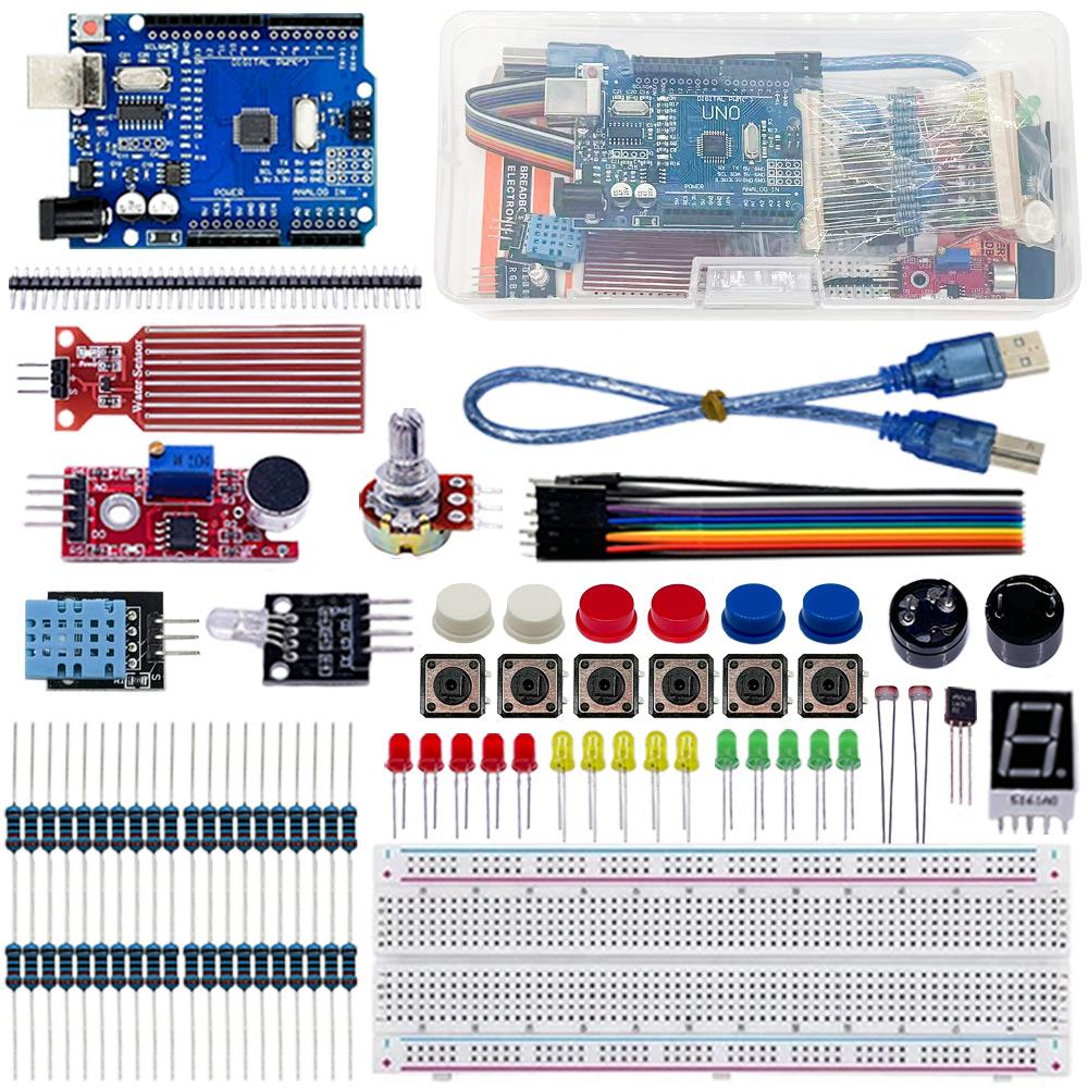 Starter Kit for Arduino Uno R1 Breadboard Basic simple learning kit, sound/water level/humidity/distance detection, LED control