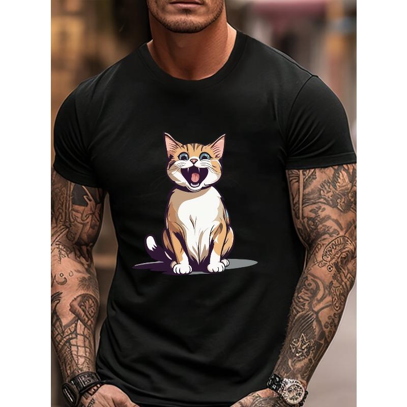 Men's Lovely Cat Print T-shirt, Summer Trendy Casual Short Sleeve Tees