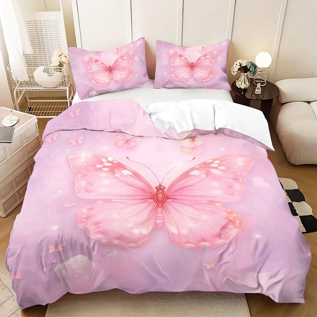 3Pcs Pink Butterfly Patterned Duvet Cover Set, 1 Duvet Cover+2 Pillowcases, Coreless. Soft And Comfortable Bedding Set