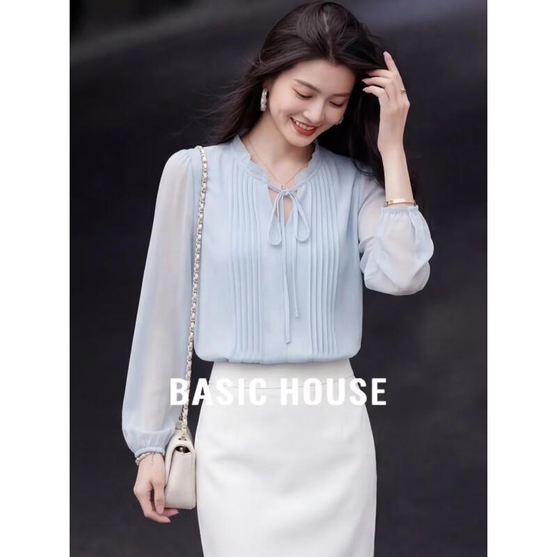 Basic House Women s Ruffle Chiffon Long Sleeve Blouse M