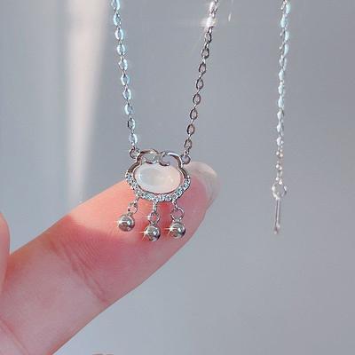White Chalcedony Peace Lock Necklace for Women Light Luxury Niche Design Sense Auspicious Cloud Long Life Lock Chain Gift for Girlfriend Best Friend