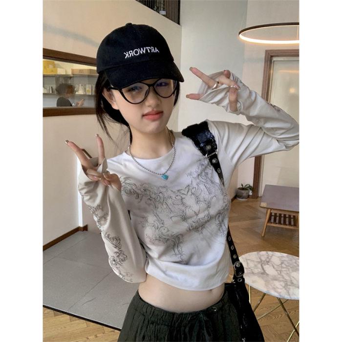 

Хлопковая футболка с длинным рукавом с принтом - Дизайн приталенного кроя для начала осени S абрикосовый/белый