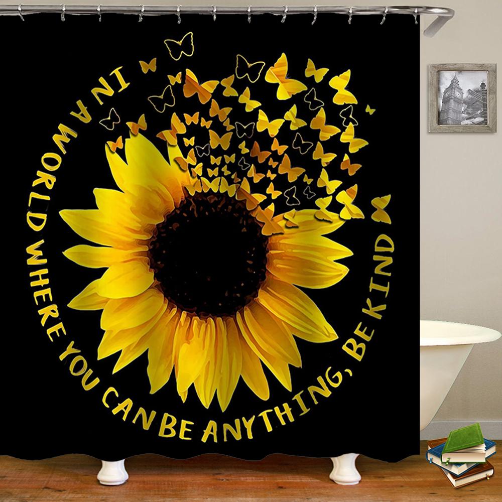 Sunflower Butterflies Shower Curtain for Bathroom Decor, Black and Yellow Bath Accessories, Waterproof Polyester with Hook