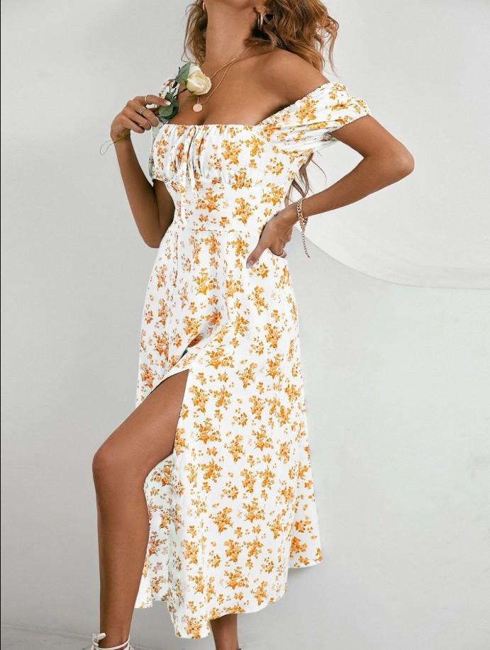 Florales, rückenfreies, schmal geschnittenes Kleid, trägerlos, Puffärmel, Hosenträgerkleid, geteilt, plissiert, Schnürung, Vintage-Sommer-Damenbekleidung