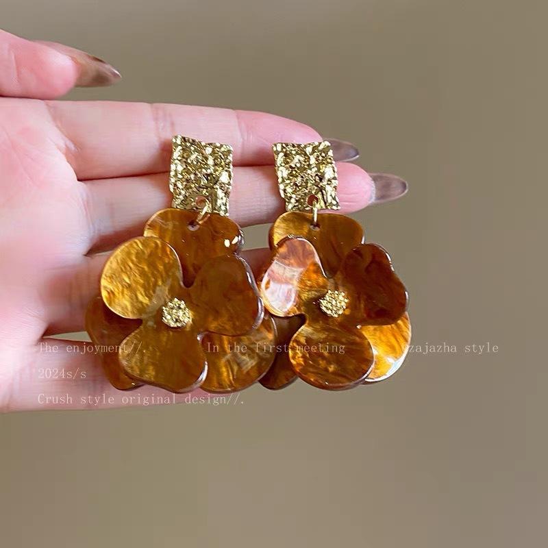 European and American retro fabric flower fringed leopard print earrings earrings personalized temperament earrings women