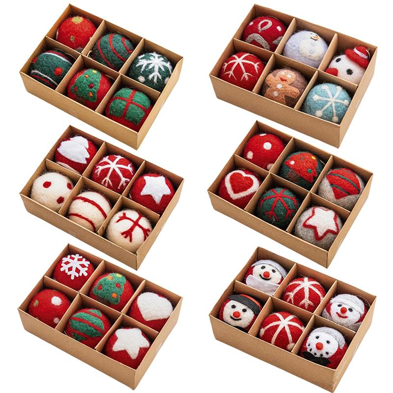 6pcs/box Wool Felt Party Hanging Balls Gifts Christmas Ornaments Home Santa Snowman Window Dsplay Ball Decorations Holiday